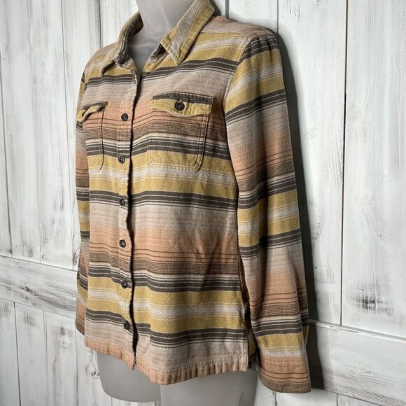 WOMENS PATAGONIA GRAY YELLOW ORANGE STRIPED LONG SLEEVE BUTTON FLANNEL SHIRT 2 - Picture 5 of 12